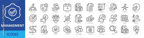 Management icon pack collection set with team leader, workflow, delegation, scheduling, project plan, task list, prioritize, resource, coordination, efficiency, goal, budget, meeting, strategy
