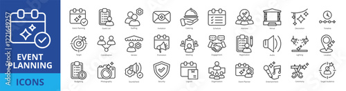 Event planning icon pack collection set with guest list, staffing, invitation, catering, schedule, attendee, venue, decoration, timeline, target, coordination, vendor, promotion, meeting