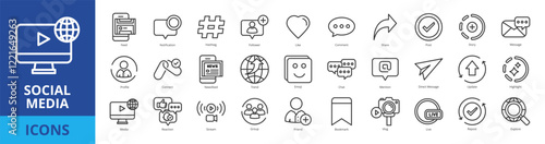 Social media icon pack collection set with feed, notification, hashtag, follower, like, comment, share, post, story, message, profile, connect, news feed, trend, emoji, chat, mention, direct message