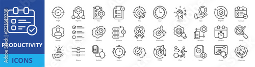 Productivity icon pack collection set with target, organize, plan, task, goal, time, motivate, habit, progress, schedule, manage, to-do list, efficiency, prioritize, achieve, productivity, action