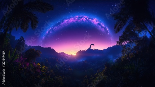 Mystical jurassic landscape with dinosaur silhouette under starry night sky