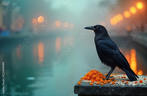 Black crow sits on stone ledge near water. Crow feasting on offerings of orange marigolds, seeds. Calm water with blurry city lights in background suggests tranquil religious ritual during Pitru photo