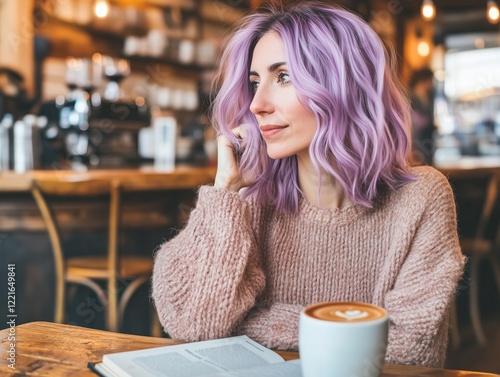 Woman with purple hair enjoying coffee and reading in cozy cafe