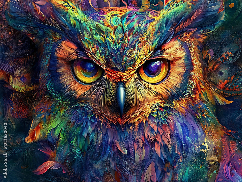 A DMT art of owl illustration with vibrant colorful patterns and mesmerizing eyes showcasing artistic creativity imagination and modern design perfect for unique art and digital graphic projects
A DMT art of owl illustration with vibrant colorful patterns and mesmerizing eyes showcasing artistic creativity imagination and modern design perfect for unique art and digital graphic projects