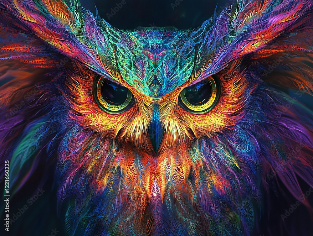 A DMT art of owl illustration with vibrant colorful patterns and mesmerizing eyes showcasing artistic creativity imagination and modern design perfect for unique art and digital graphic projects
A DMT art of owl illustration with vibrant colorful patterns and mesmerizing eyes showcasing artistic creativity imagination and modern design perfect for unique art and digital graphic projects