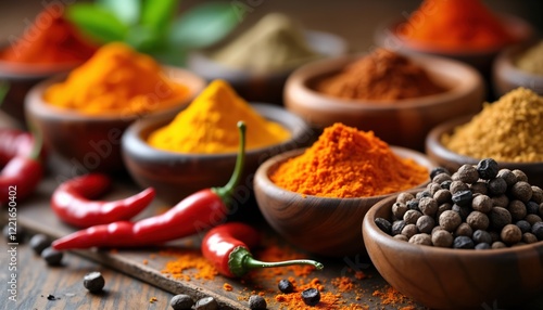 Fototapeta Naklejka Na Ścianę i Meble -  Wooden bowls filled with colorful spices displayed on table. Red chili peppers also visible alongside bowls of spices. Variety of spices in bowls. Close-up display of natural spices. Fresh healthy