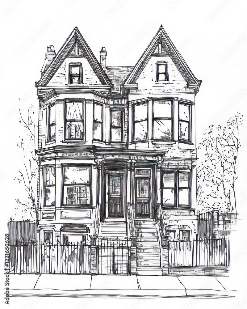 Fototapeta premium A Detailed Line Drawing Of A Victorian Style Double House