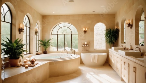 Luxury Spa Bathroom Design with Freestanding Tub and Arch Windows