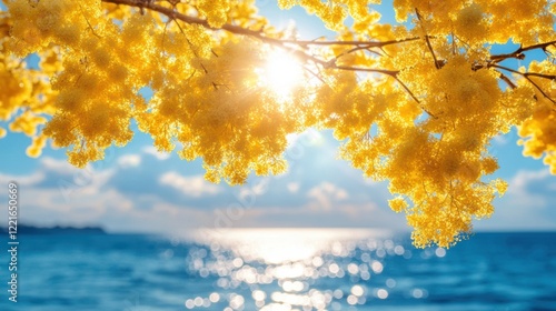 Golden mimosa flowers with sunlight overlooking a tranquil ocean view