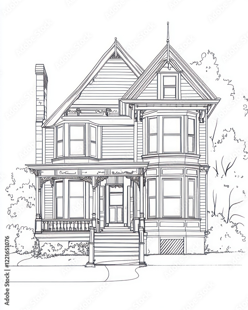 Fototapeta premium Victorian Style House Architectural Line Drawing