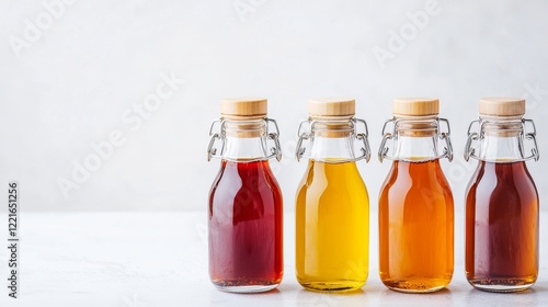 Natural health drinks concept, five kombucha bottles with swing tops, light background highlighting fresh ingredients and unique flavor profiles photo