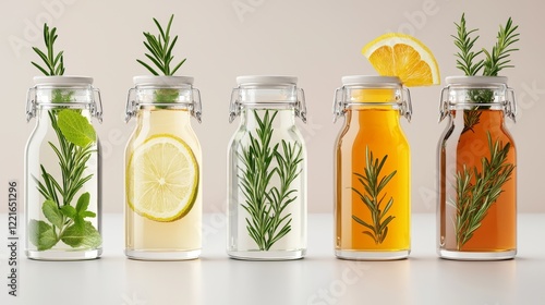 Natural health drinks concept, five kombucha bottles with swing tops, light background highlighting fresh ingredients and unique flavor profiles photo