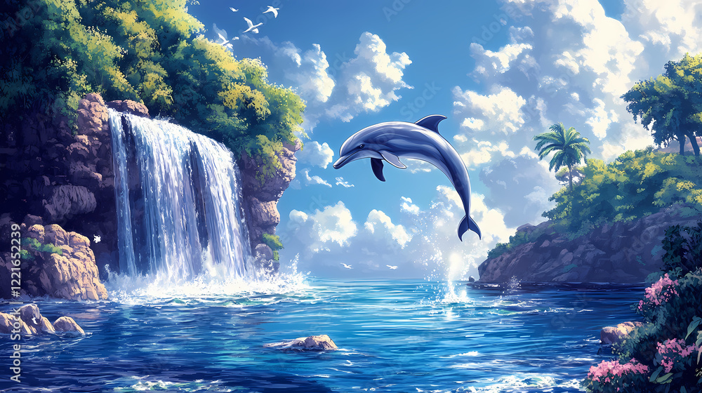 Obraz premium A dolphin playing near a waterfall cascading directly into the ocean. Ocean Falls. Illustration