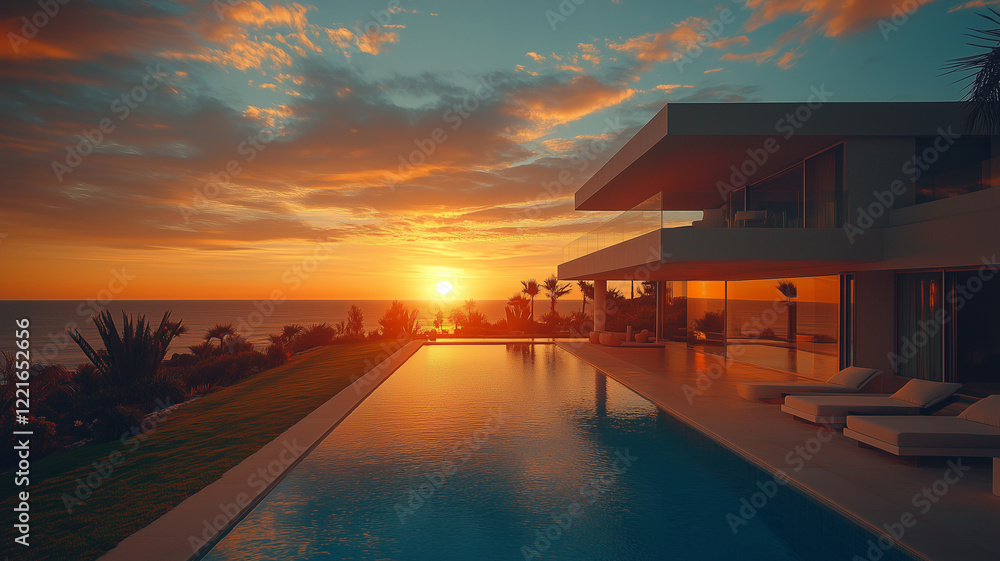 Modern Coastal Villa at Sunset with Infinity Pool Modern Coastal Villa at Sunset with Infinity Pool