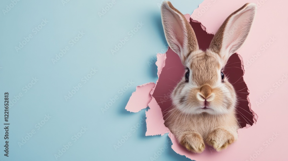Obraz premium Adorable bunny peeking out from a torn hole in pastel-colored paper with copy space
