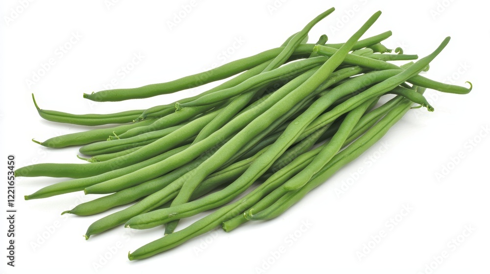Close-up shot of crisp green beans on a rustic wooden surface, shadows adding depth, bright white background for professional appeal Close-up shot of crisp green beans on a rustic wooden surface, shadows adding depth, bright white background for professional appeal