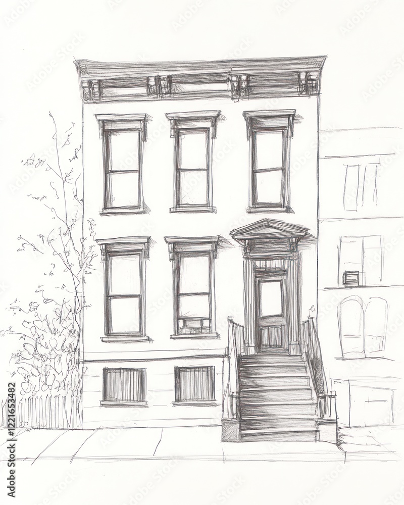 Pencil Sketch of a Three Story Townhouse Building Pencil Sketch of a Three Story Townhouse Building