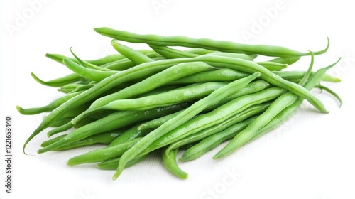 Close-up shot of crisp green beans on a rustic wooden surface, shadows adding depth, bright white background for professional appeal