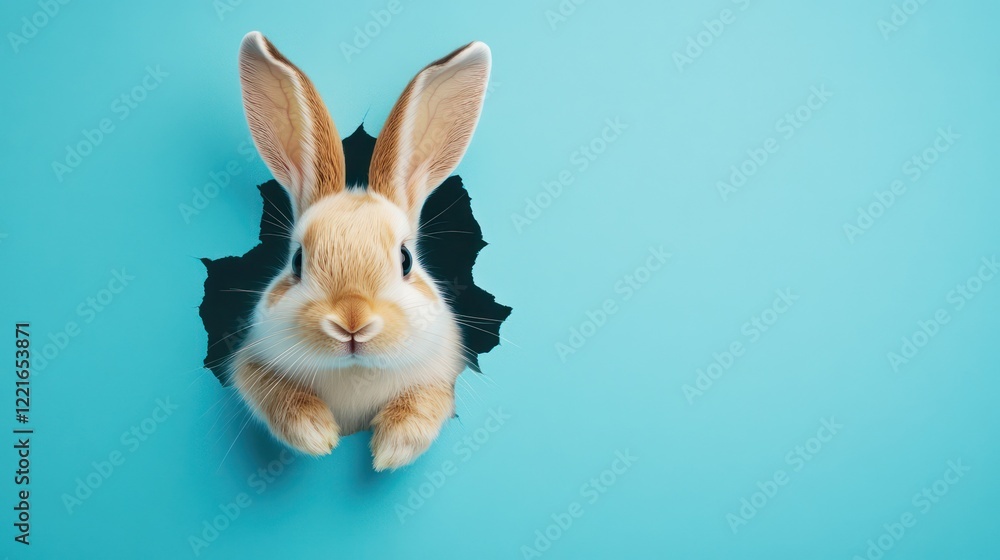 Adorable bunny with fluffy ears peeking out of a hole in a blue wall, perfect for festive banners Adorable bunny with fluffy ears peeking out of a hole in a blue wall, perfect for festive banners