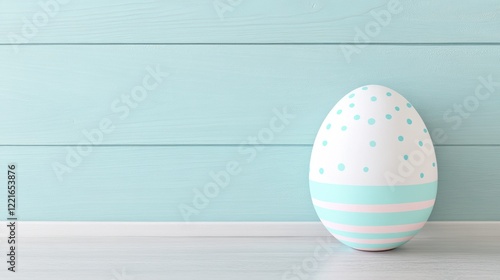 Pastel blue and white decorative egg with polka dots and stripes on wood background photo