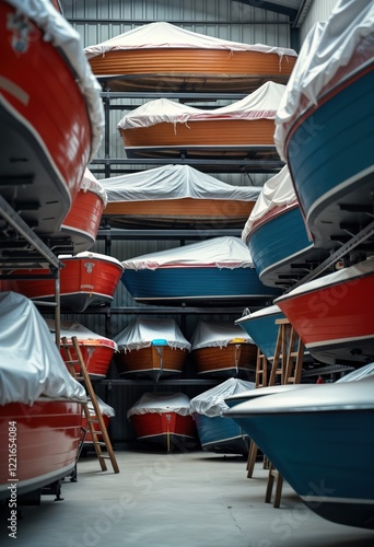 Wallpaper Mural Indoor storage area filled with various colorful boats. Many boats covered with protective coverings. Shelves hold boats stacked vertically, horizontally. Storage of watercraft in covered facility. Torontodigital.ca