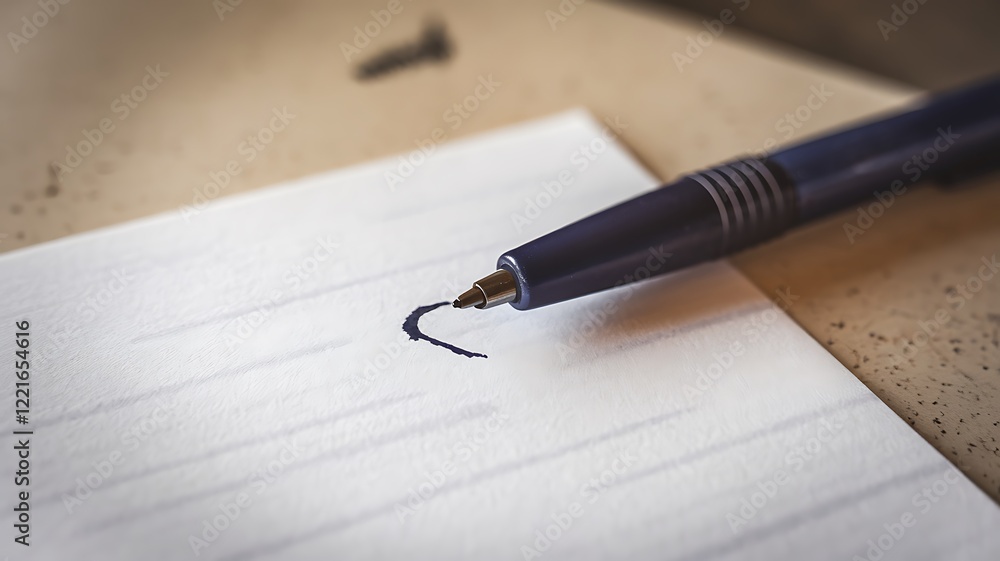 A closeup shot shows a blue pen resting on a lined white paper with a handwritten checkmark. The pens tip is visible, and the paper is part of a larger document. A closeup shot shows a blue pen resting on a lined white paper with a handwritten checkmark. The pens tip is visible, and the paper is part of a larger document.