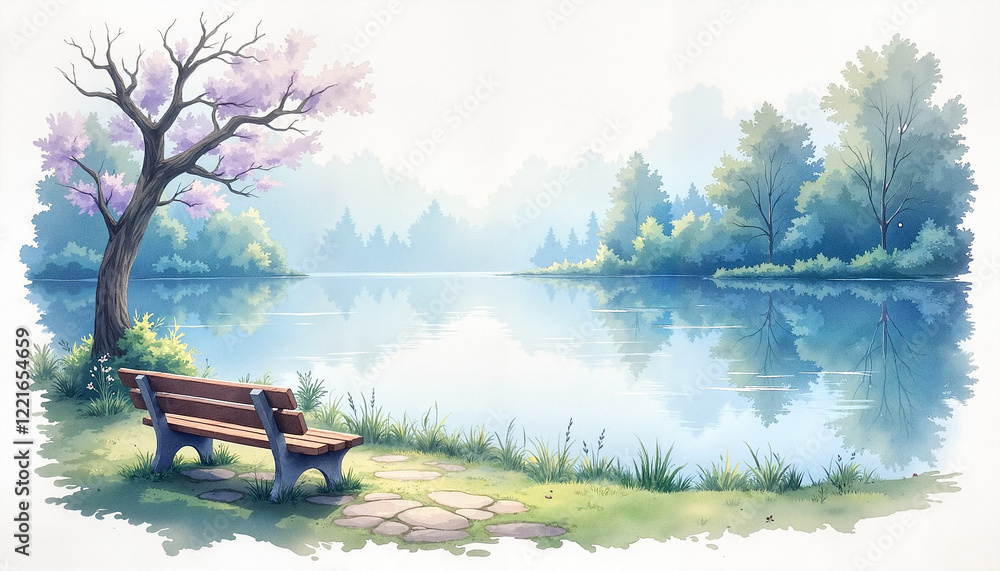 Obraz premium Bench by calm lake with trees in morning light watercolor style