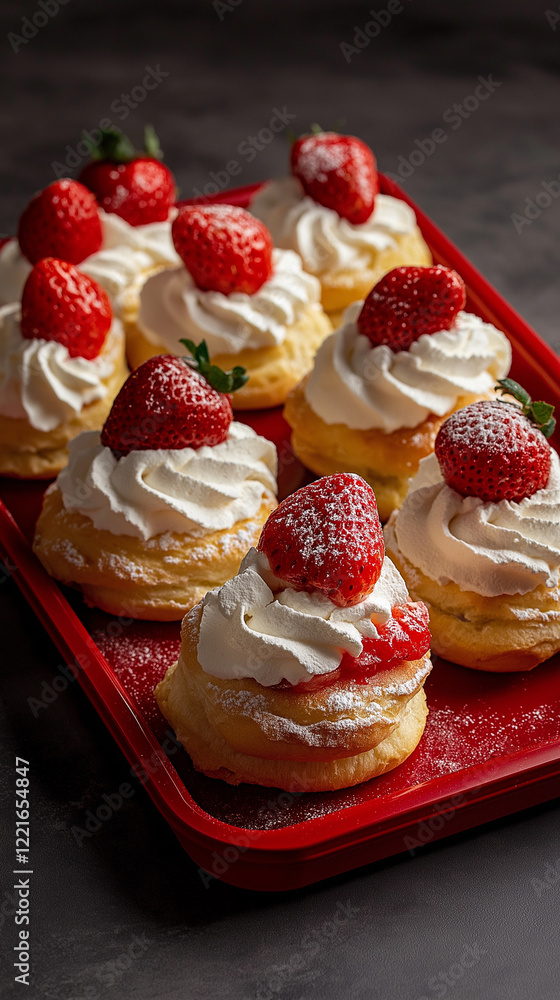 Closeup cream puffs with strawberries vertical