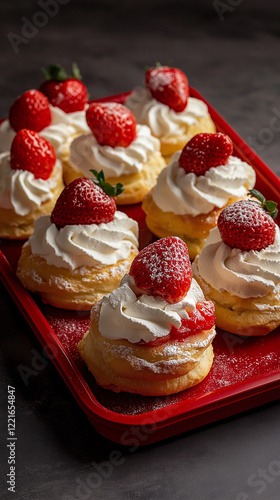 Obraz na płótnie Closeup cream puffs with strawberries vertical w salonie