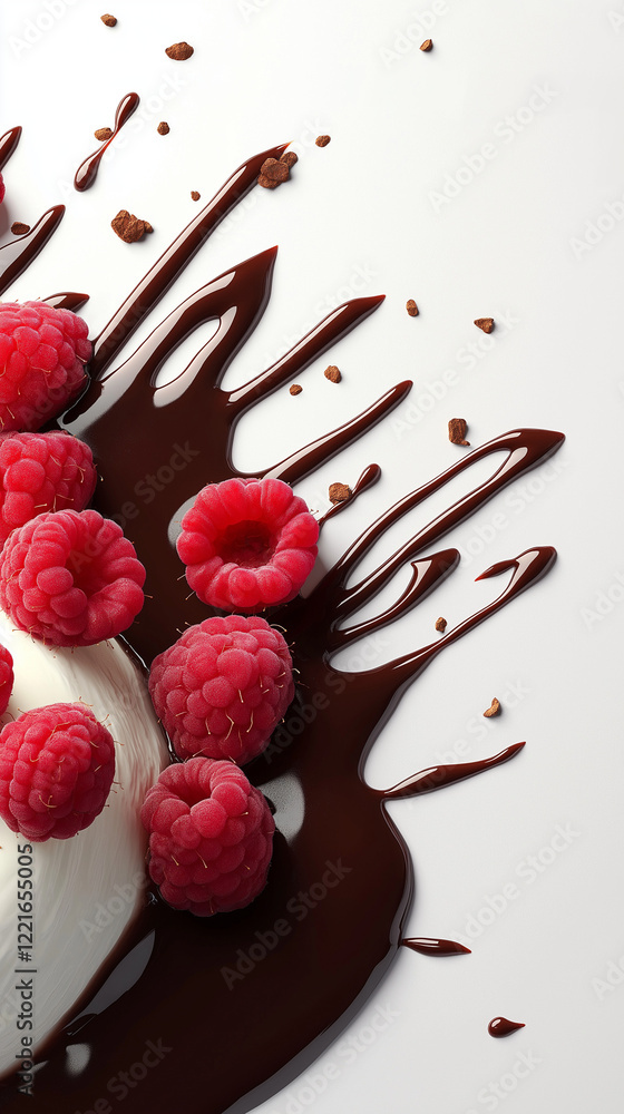 Overhead of panna cotta in a pool of melted chocolate with raspberries and copy space