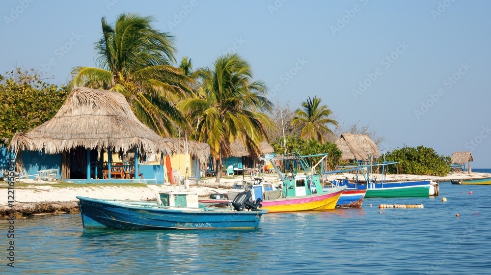 Colorful fishing boats at tropical beach village Colorful fishing boats at tropical beach village