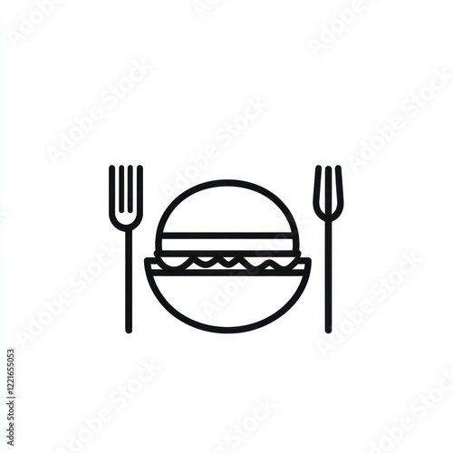 Simple black line art of a burger on a plate with fork and knife.  Possible use food illustration, menu design photo