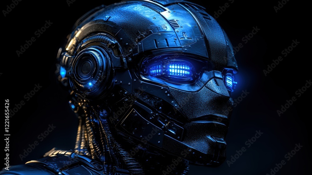 Futuristic Robot Head Close up Advanced AI Cyborg Technology Blue LED Lights Futuristic Robot Head Close up Advanced AI Cyborg Technology Blue LED Lights