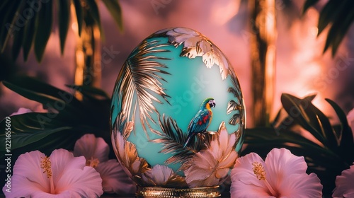 Ornate egg with tropical parrot and flowers in luxurious setting photo