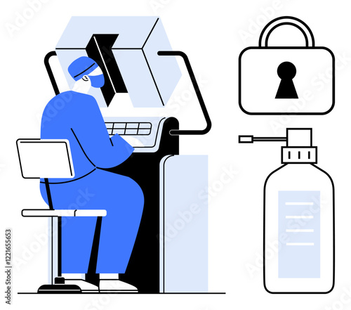 Medical worker wearing a cap, sitting at a computer, bottle with a liquid and a padlock with keyhole. Ideal for healthcare, medical security, COVID-19, telehealth, cyber safety, hospital processes