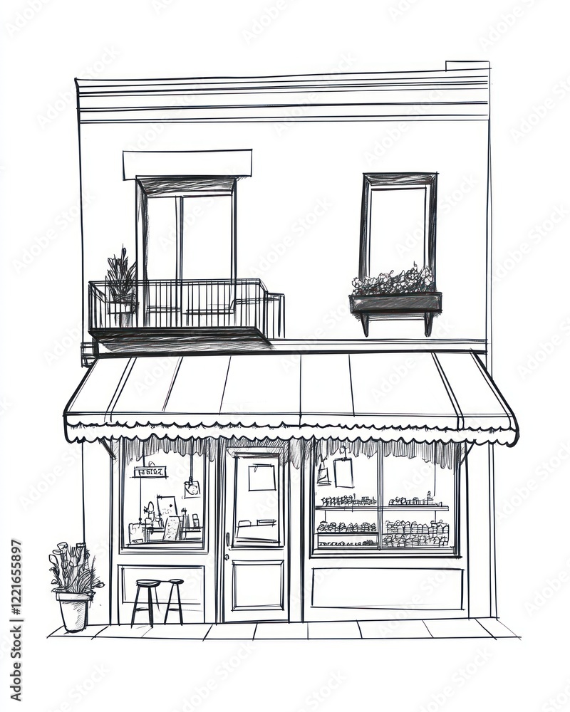 Fototapeta premium Charming Shop Building Sketch With Balcony And Awning