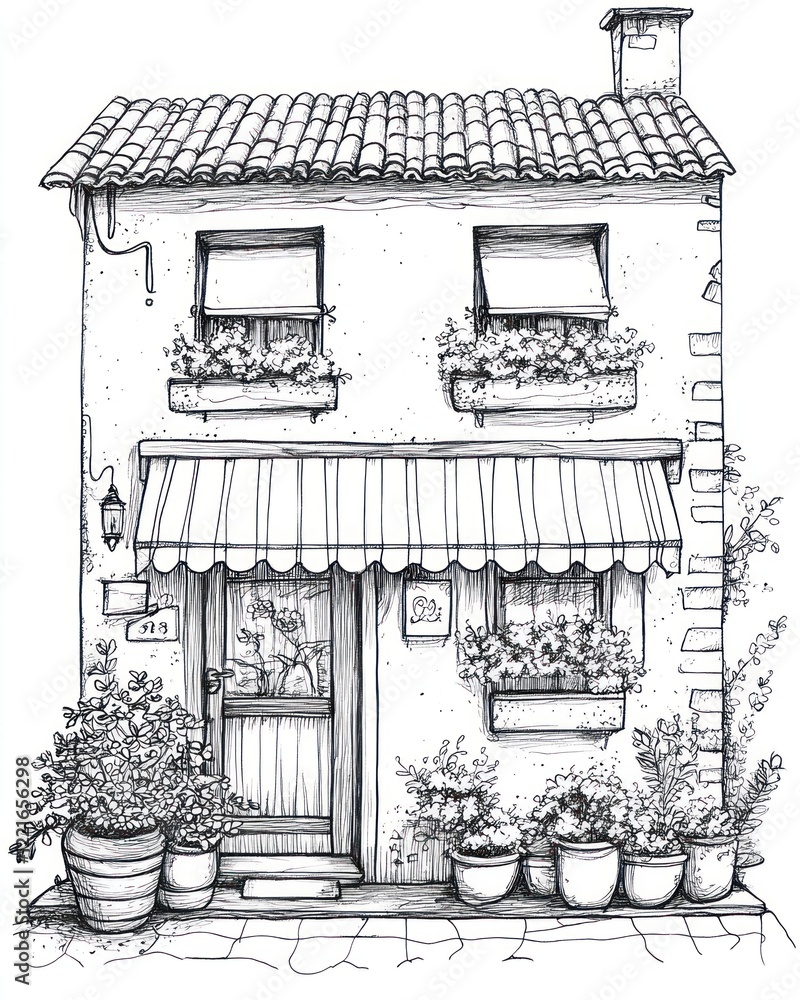 Fototapeta premium Charming Two Story House With Flower Boxes And Awning