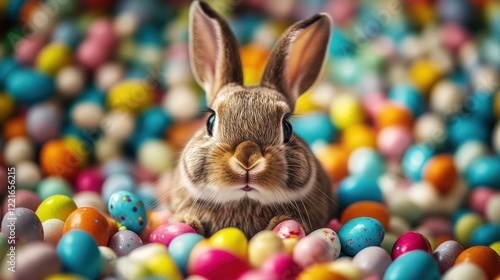 An adorable bunny in a pile of colorful candy and small Easter eggs, radiating cheer photo