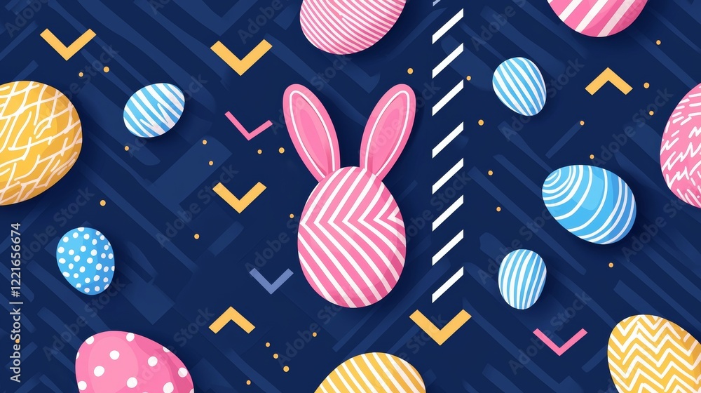 Repeating Easter pop art pattern of colorful eggs and bunny ears, interspersed with dynamic halftone dots and bold zigzag lines Repeating Easter pop art pattern of colorful eggs and bunny ears, interspersed with dynamic halftone dots and bold zigzag lines