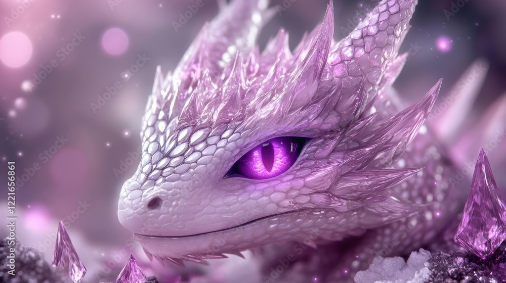 Obraz premium Enchanting crystal dragon with glowing amethyst eyes on a mystical background