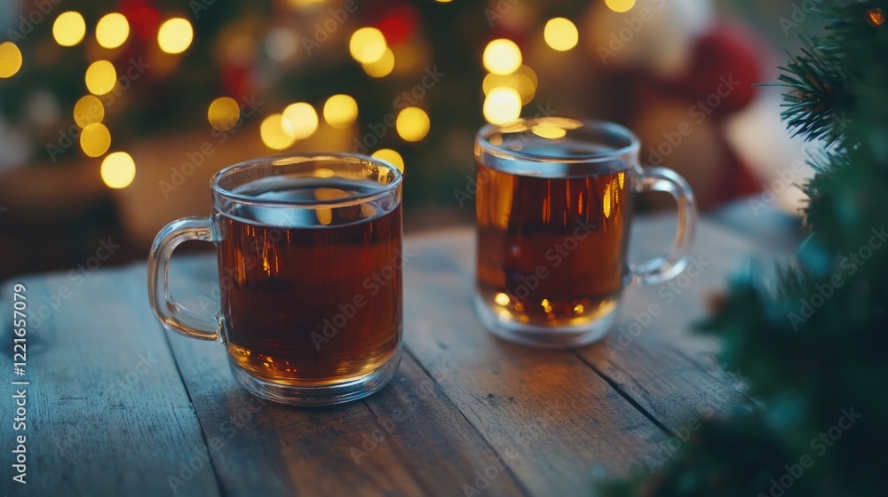 Two vibrant mugs placed on a wooden surface, with a blurred Christmas tree background, a cozy holiday vibe Two vibrant mugs placed on a wooden surface, with a blurred Christmas tree background, a cozy holiday vibe