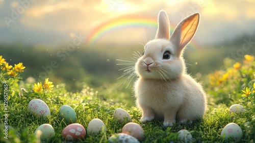 An adorable Easter Bunny standing next to a vibrant rainbow, with scattered eggs and green hills creating a picturesque scene