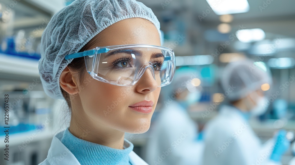 A scientist in a lab setting, wearing protective eyewear and a hairnet, focused on research. A scientist in a lab setting, wearing protective eyewear and a hairnet, focused on research.