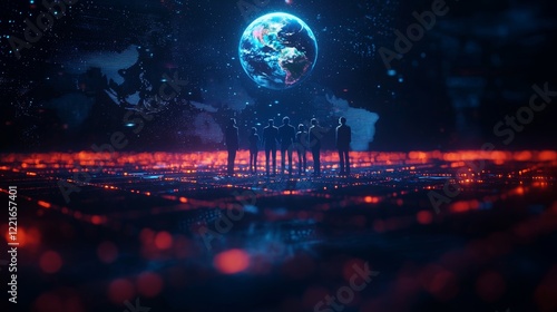 A digital composition of people standing on a glowing grid with Earth hologram above them, soft ambient light, emphasizing connection and unity, Sci-Fi Style photo