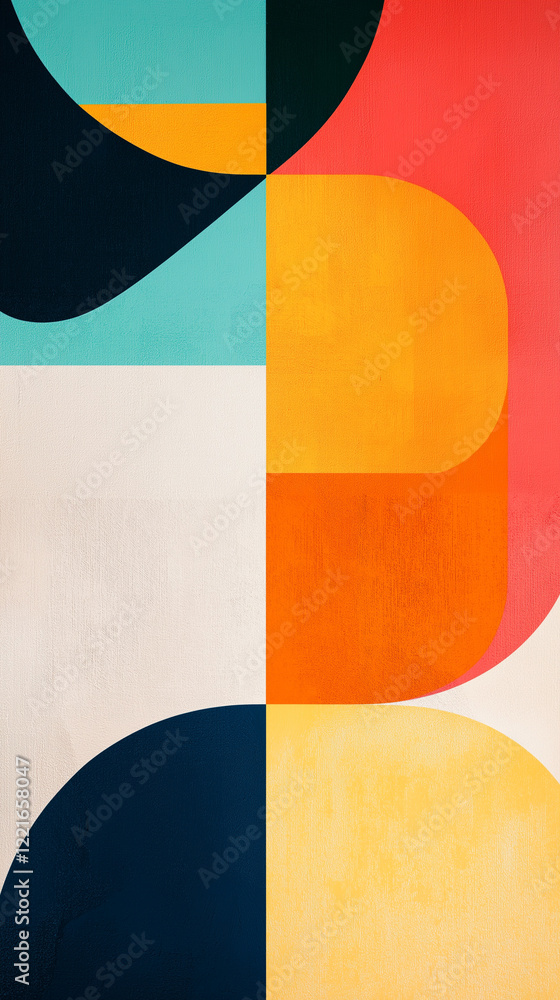 Vertical abstract of curved shapes in orange, blue, yellow and black