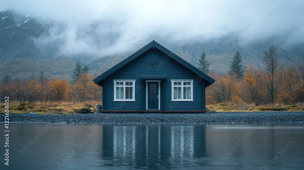 Fototapeta premium Serene Lakeside Cabin in Misty Mountains