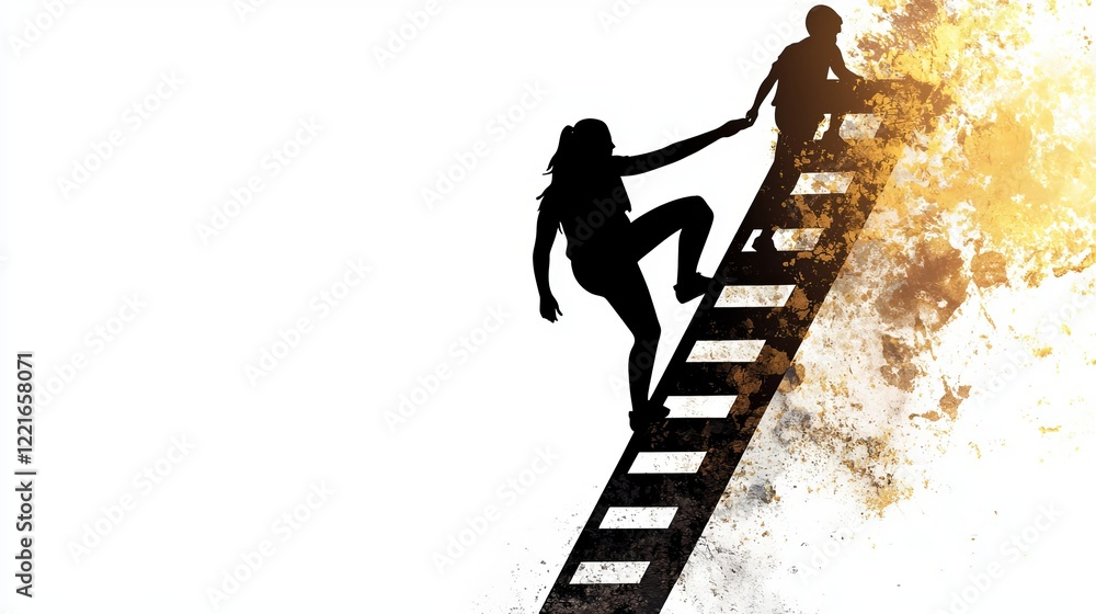 Fototapeta premium A silhouette of a woman helping a boy climb a ladder, symbolizing support and teamwork.