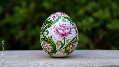 Intricately painted floral egg on stone surface with lush green background photo