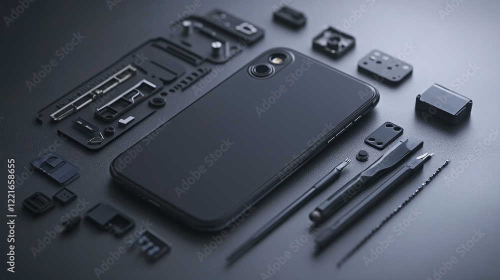 A flat lay of a smartphone repair kit with tiny screwdrivers and spare parts. A flat lay of a smartphone repair kit with tiny screwdrivers and spare parts.