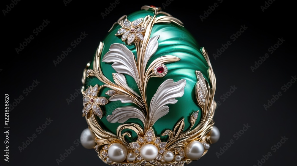 Luxurious green jeweled egg with gold floral embellishments and pearls on black background Luxurious green jeweled egg with gold floral embellishments and pearls on black background